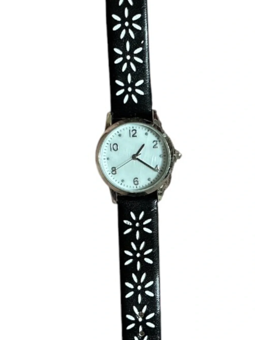 Black Floral Cutout Imitation Leather Strap Watch with Silver Dial